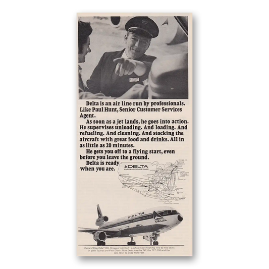 1973 Delta Air Lines Paul Hunt Customer Service Agent Vintage Magazine Print Ad