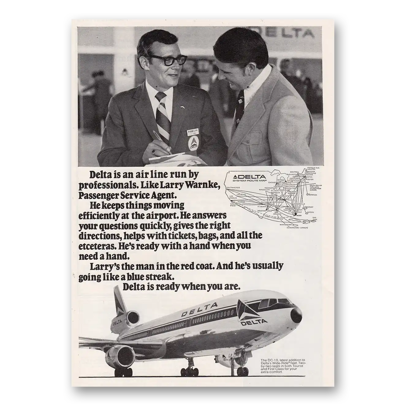 1973 Delta Air Lines Passenger Service Agent Larry Warnke Vintage Magazine Print Ad