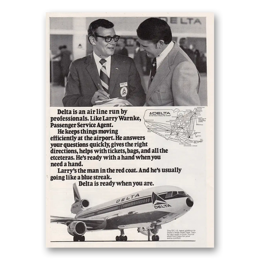 1973 Delta Air Lines Passenger Service Agent Larry Warnke Vintage Magazine Print Ad