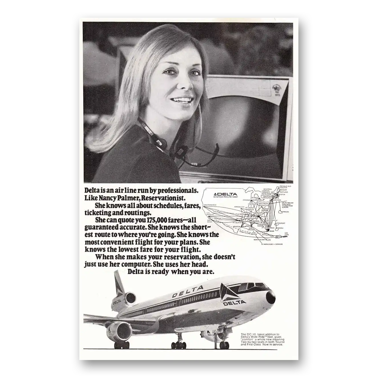 1973 Delta Air Lines DC 10 Nancy Palmer Vintage Magazine Print Ad