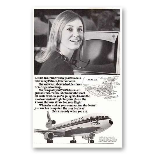 1973 Delta Air Lines DC 10 Nancy Palmer Vintage Magazine Print Ad