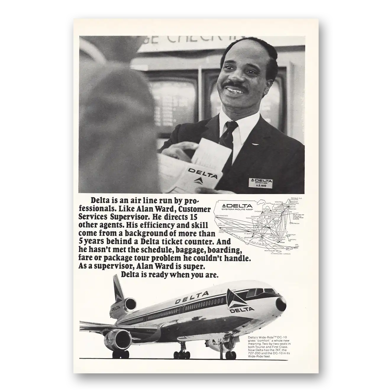 1973 Delta Air Lines Alan Ward Customer Services Supervisor Vintage Magazine Print Ad