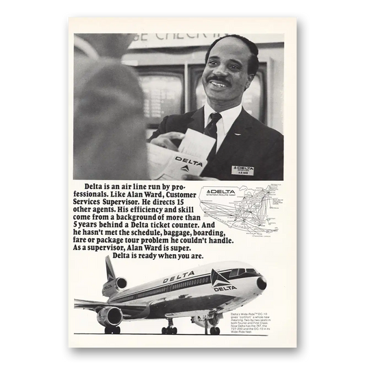 1973 Delta Air Lines Alan Ward Customer Services Supervisor Vintage Magazine Print Ad