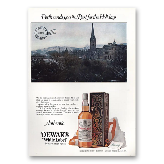 1973 Dewars White Label Perth Sends You Its Best Vintage Magazine Print Ad