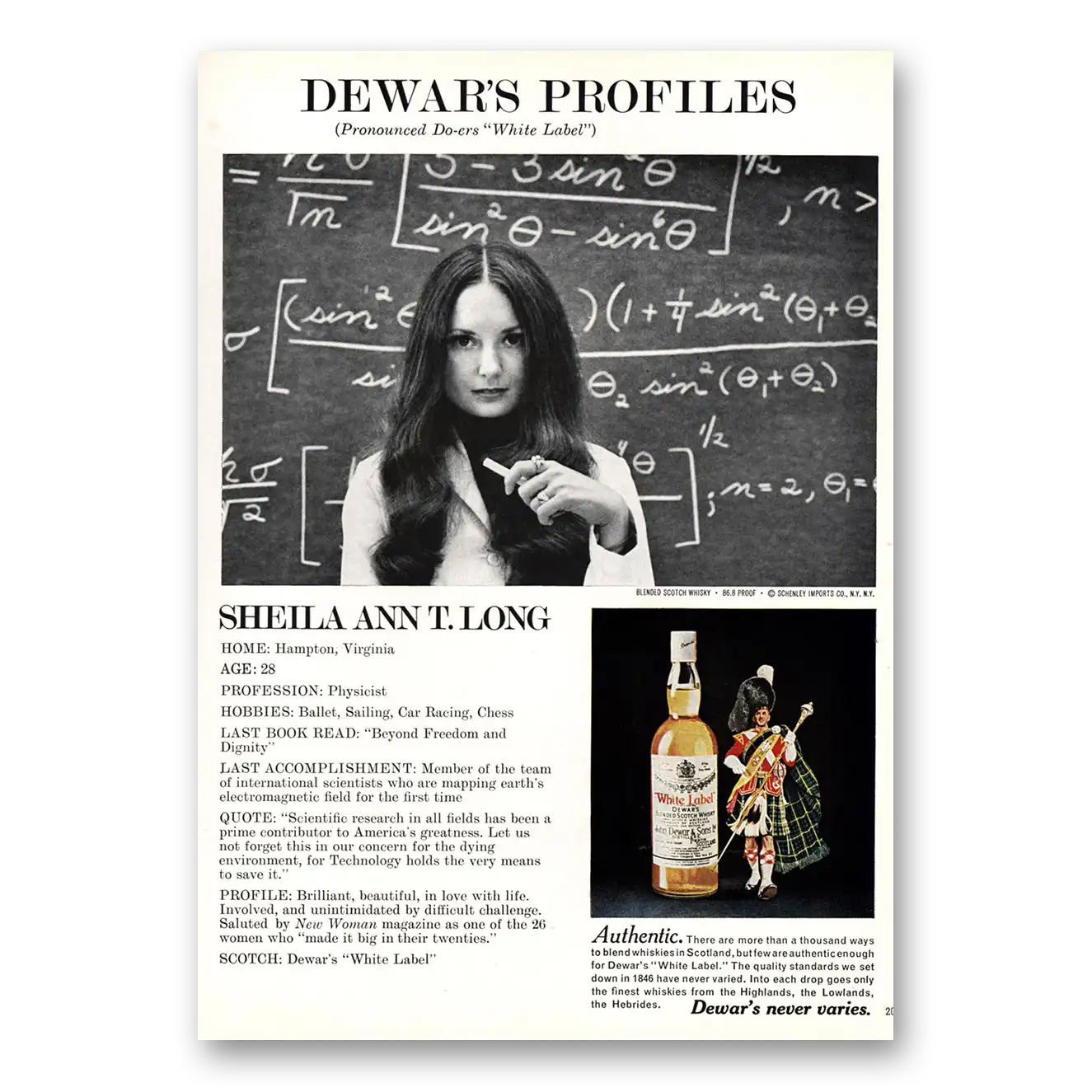 1973 Dewars White Label Sheila Ann T Long Physicist Vintage Magazine Print Ad