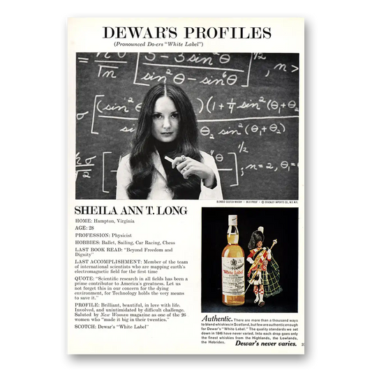 1973 Dewars White Label Sheila Ann T Long Physicist Vintage Magazine Print Ad