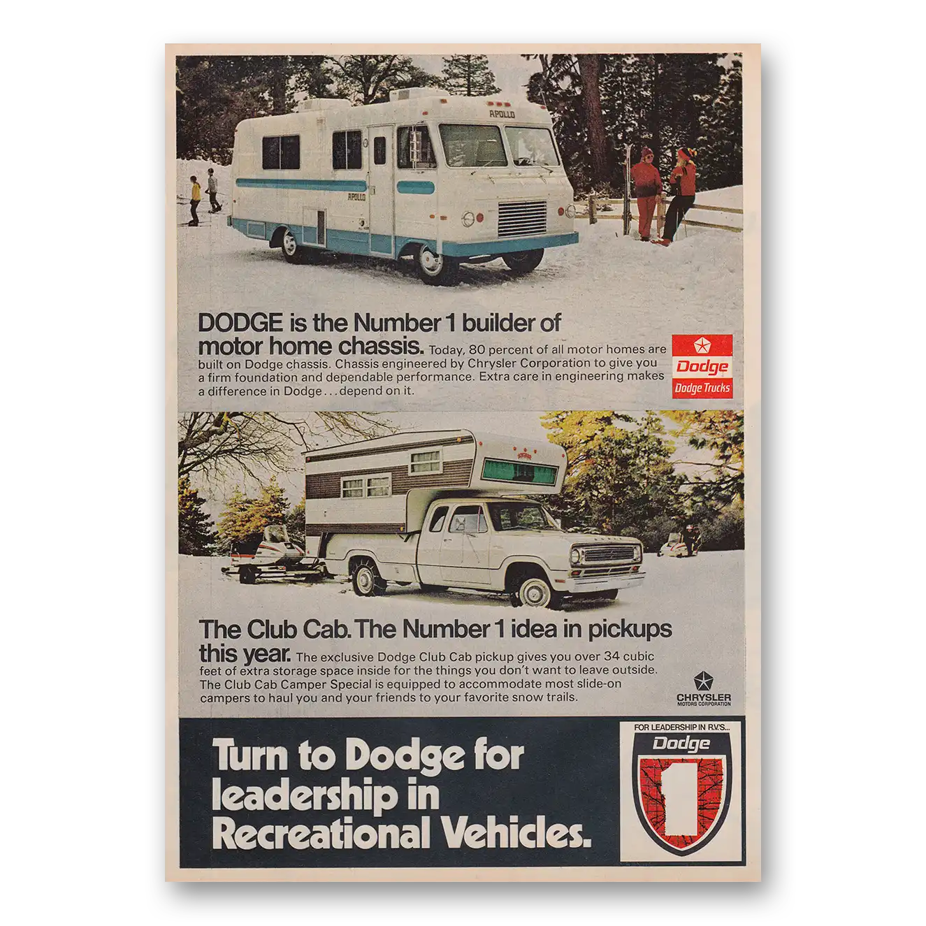 1973 Dodge Club Cab Motor Home Chassis Club Cab Vintage Magazine Print Ad