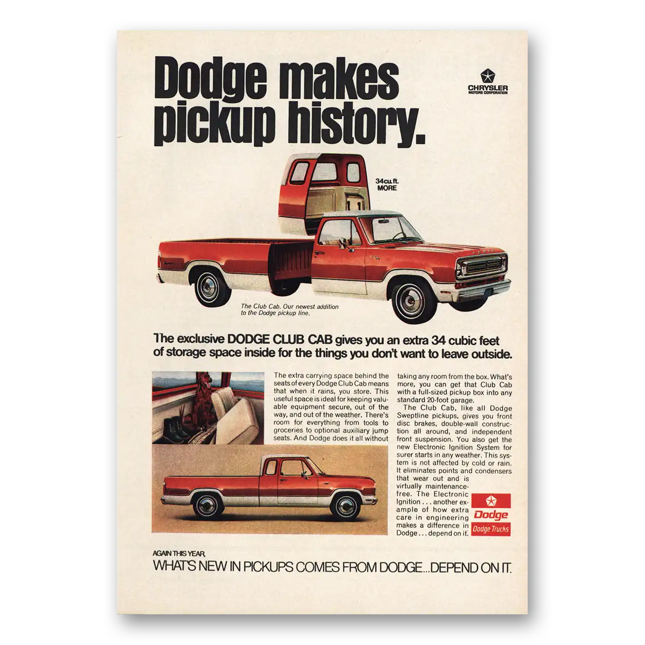 1972 Dodge Club Cab Makes Pickup History Vintage Magazine Print Ad