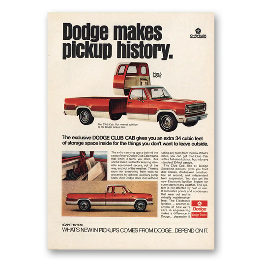 1972 Dodge Club Cab Makes Pickup History Vintage Magazine Print Ad