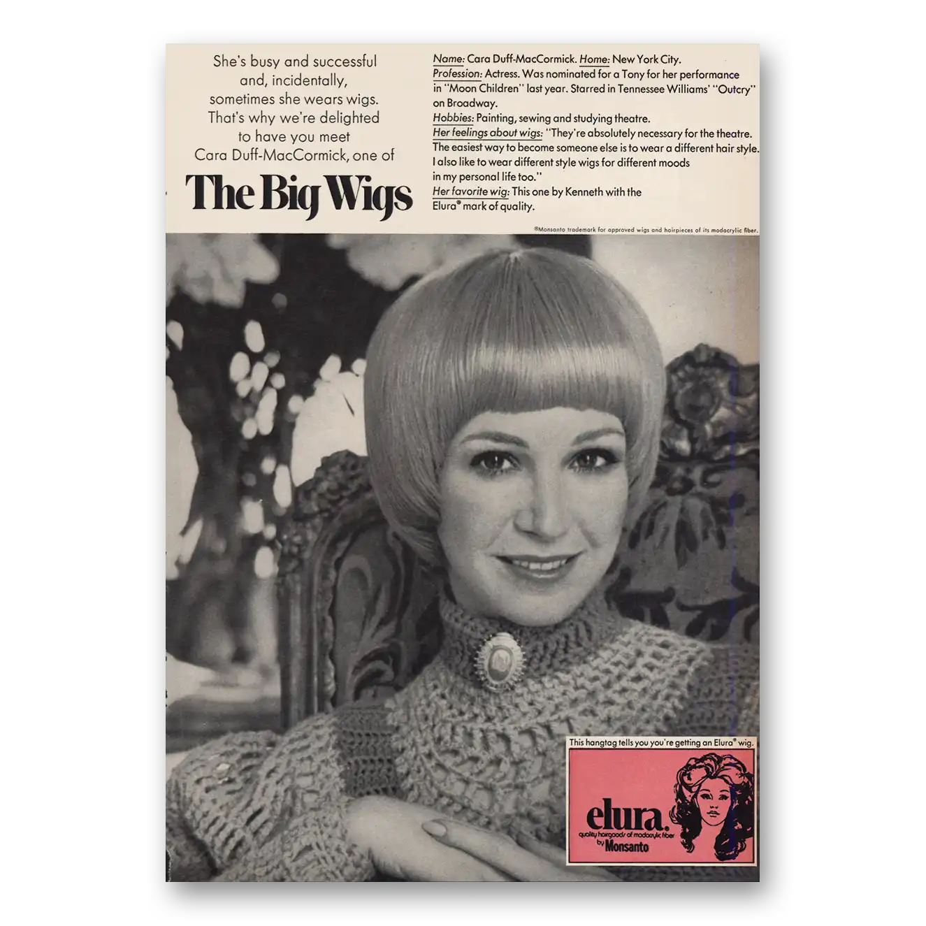 1973 Elura Wigs Cara Duff MacCormick Big Wigs Vintage Magazine Print Ad