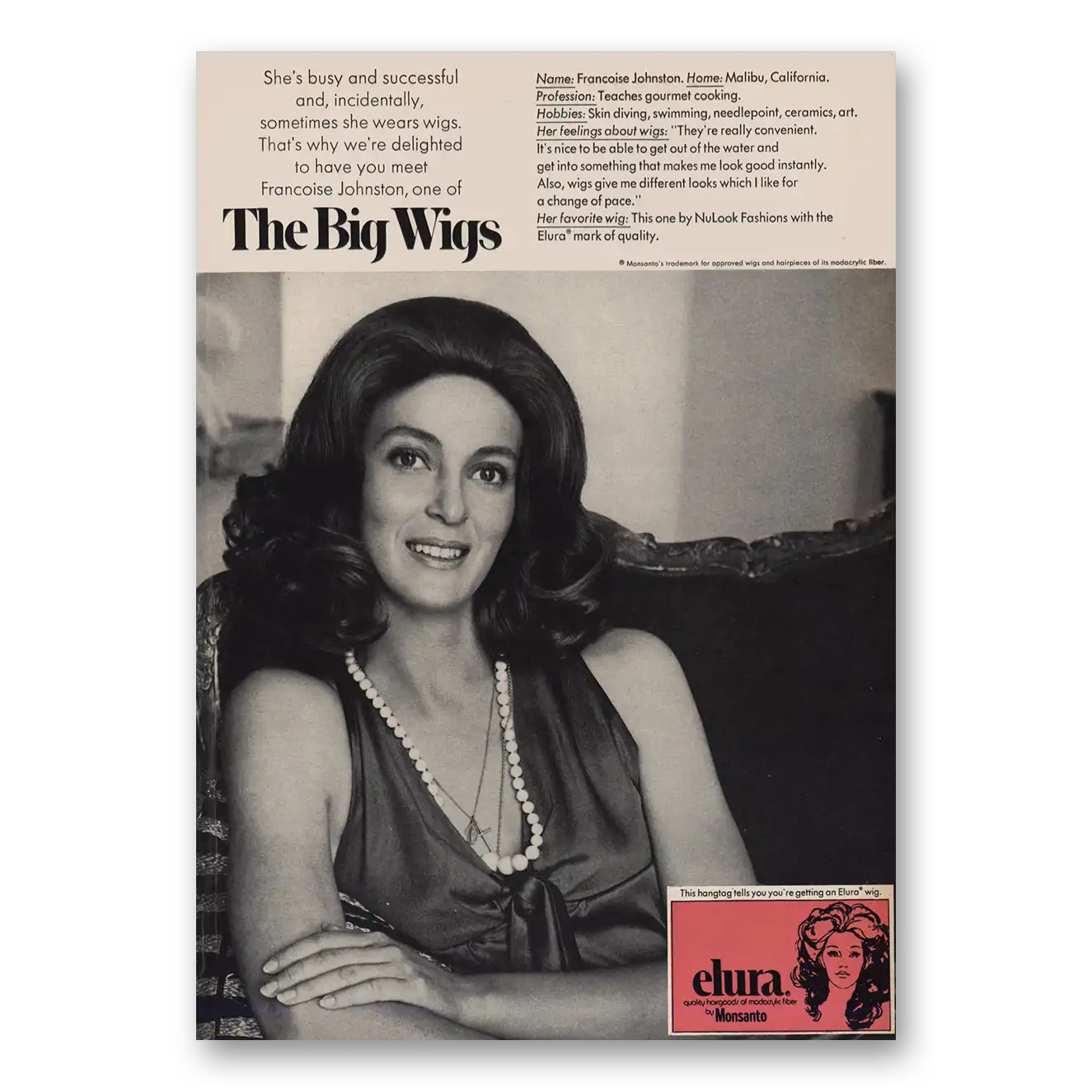 1973 Elura Wigs Francoise Johnston Big Wigs Vintage Magazine Print Ad