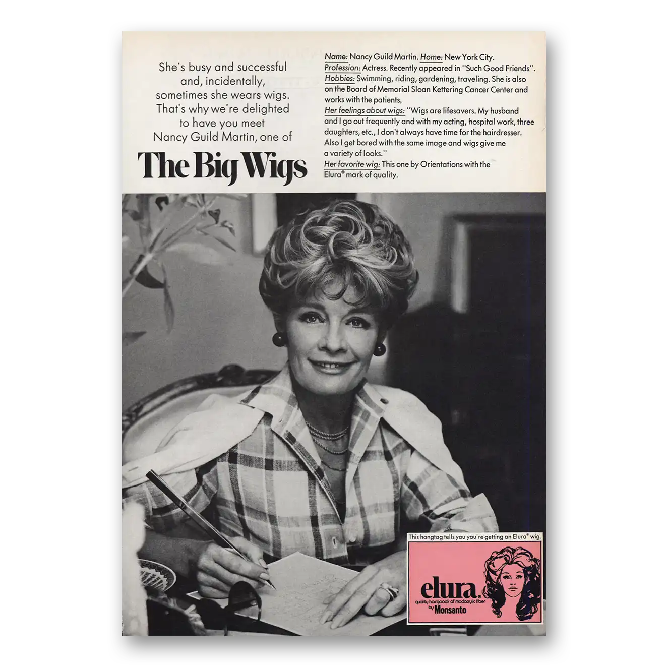 1973 Elura Wigs Nancy Guild Martin Big Wigs Vintage Magazine Print Ad