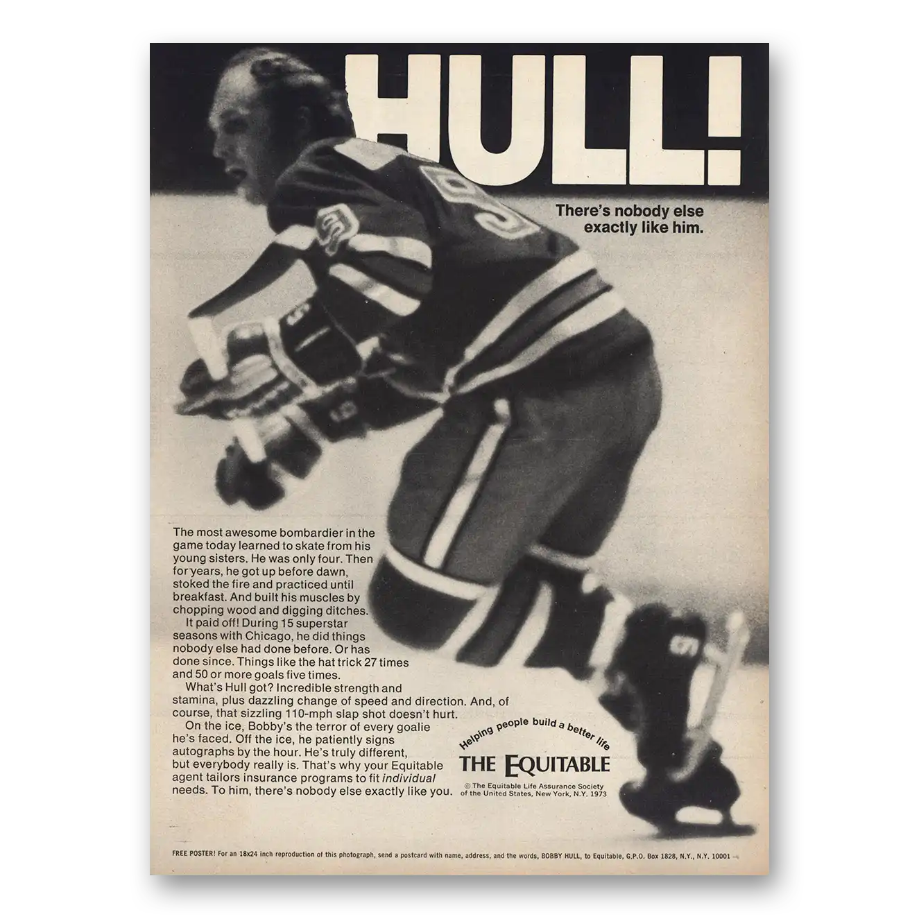 1973 Equitable Life Assurance Bobby Hull Vintage Magazine Print Ad