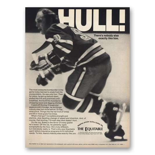 1973 Equitable Life Assurance Bobby Hull Vintage Magazine Print Ad