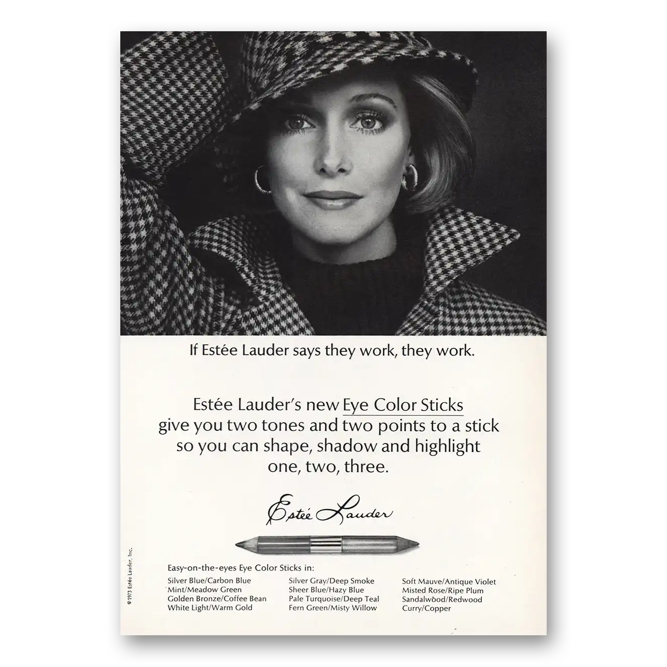 1973 Estee Lauder Eye Color Sticks Vintage Magazine Print Ad