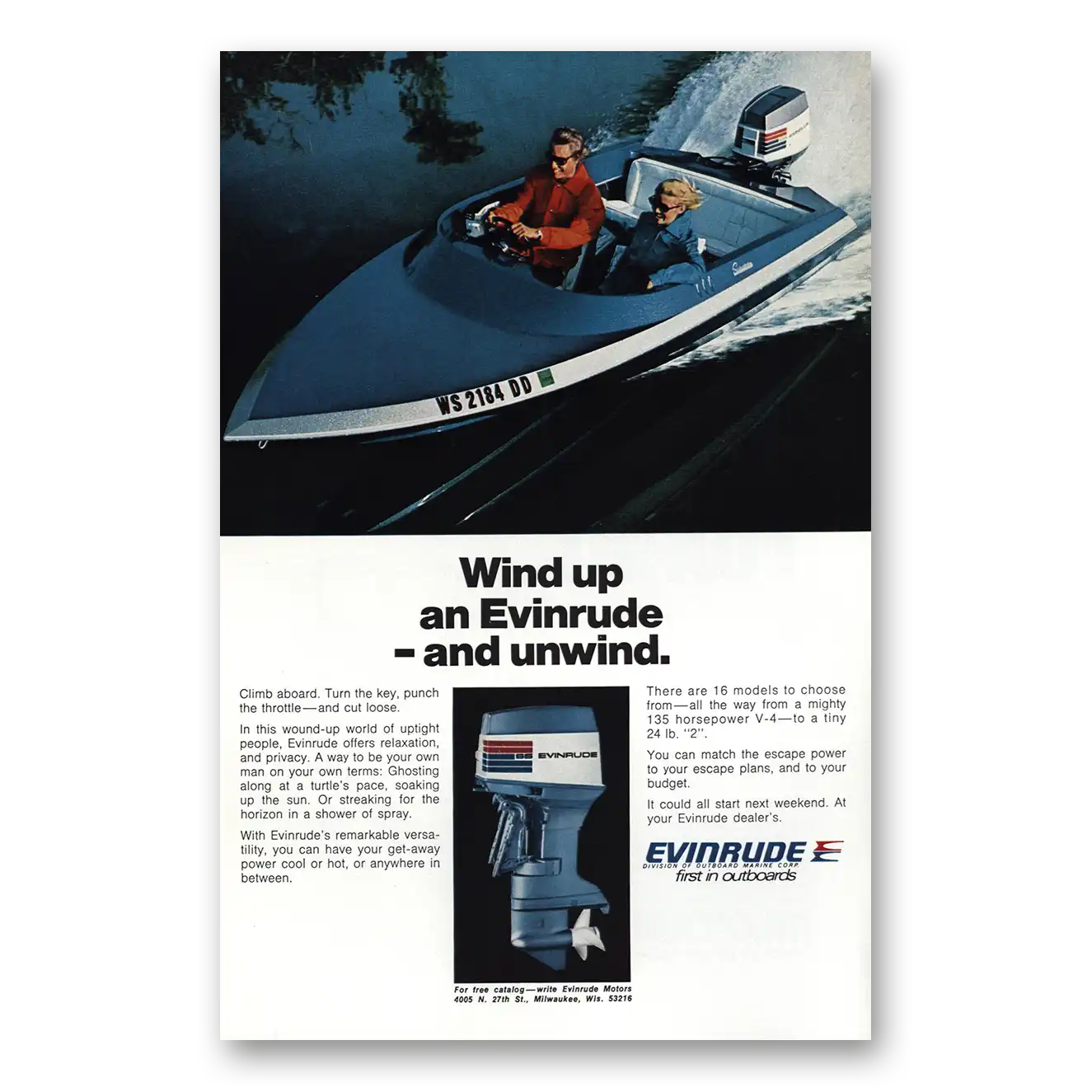 1973 Evinrude Wind Up an Evinrude and Unwind Vintage Magazine Print Ad