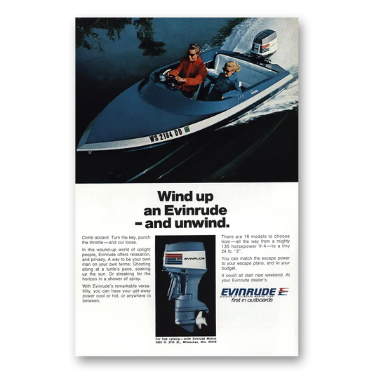 1973 Evinrude Wind Up an Evinrude and Unwind Vintage Magazine Print Ad