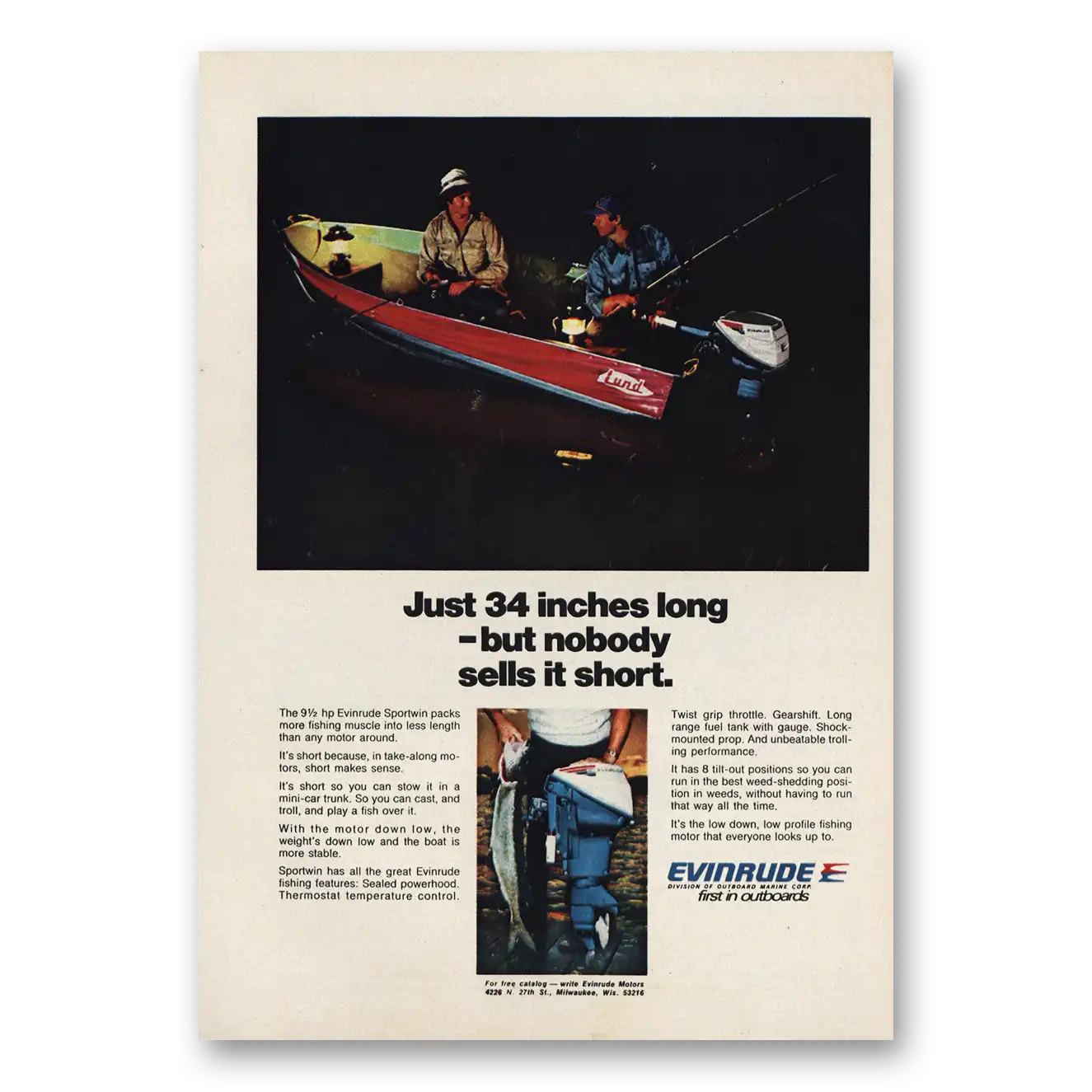 1973 Evinrude Just 34 Inches Long Vintage Magazine Print Ad