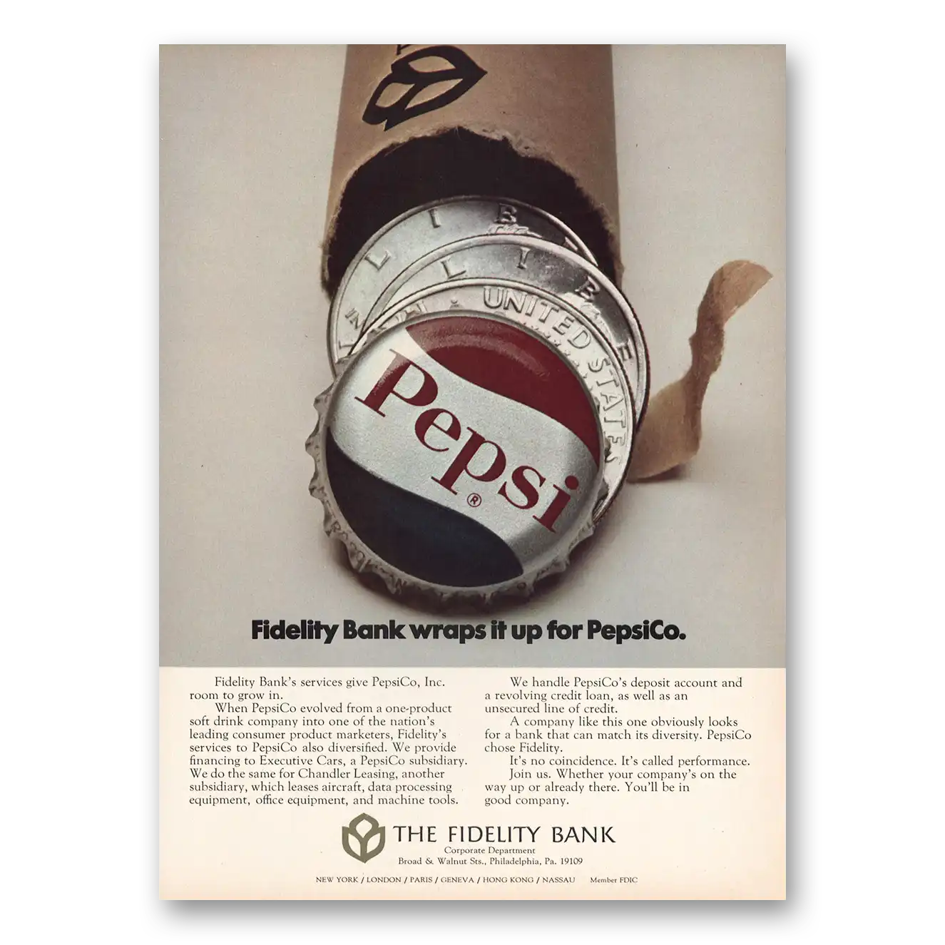 1973 Fidelity Bank Wraps It Up Pepsi Co Vintage Magazine Print Ad