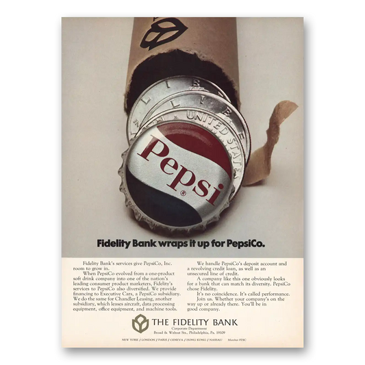 1973 Fidelity Bank Wraps It Up Pepsi Co Vintage Magazine Print Ad