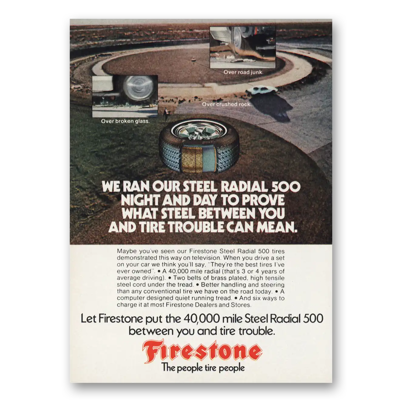 1973 Firestone Tires Ran Our Steel Radial 500 Night and Day Vintage Magazine Print Ad