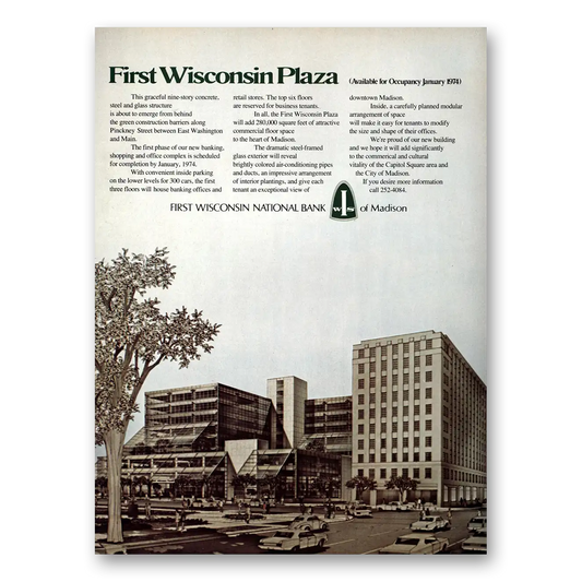 1973 First Wisconsin National Bank Madison Plaza Vintage Magazine Print Ad