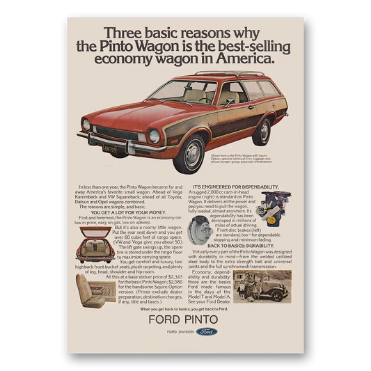 1973 Ford Pinto Three Basic Reasons Vintage Magazine Print Ad