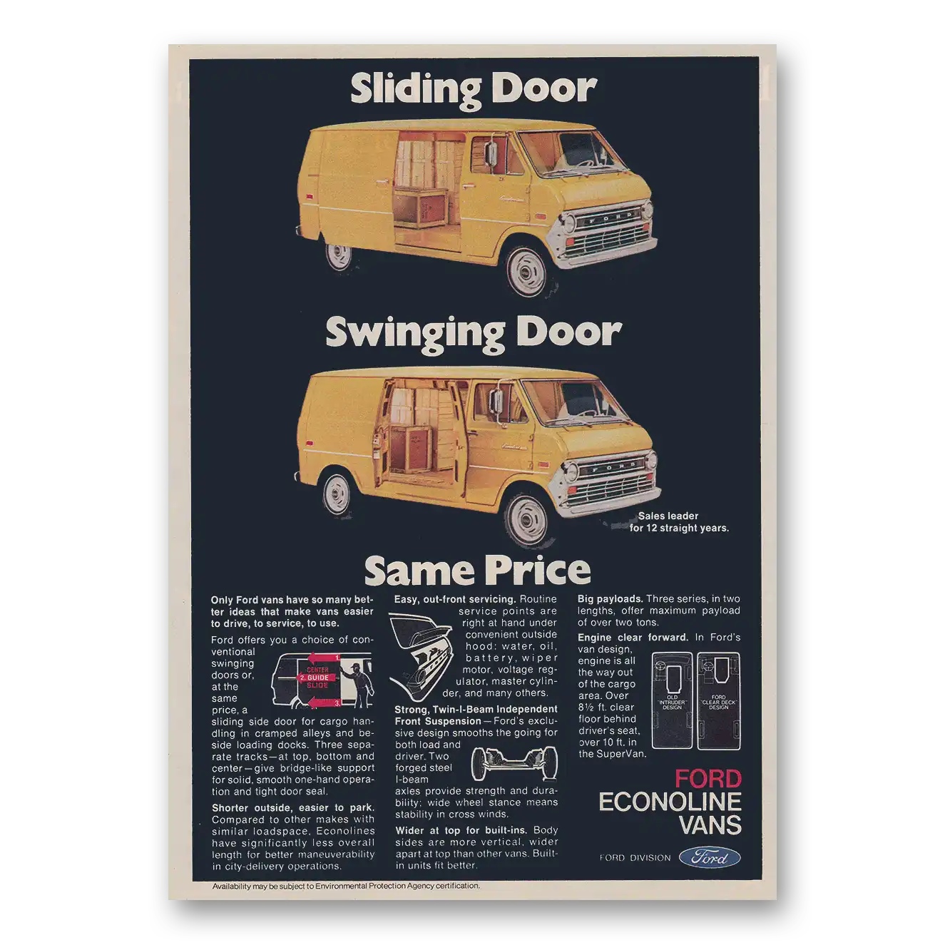 1973 Ford Econoline Van Sliding Door Swinging Door Vintage Magazine Print Ad