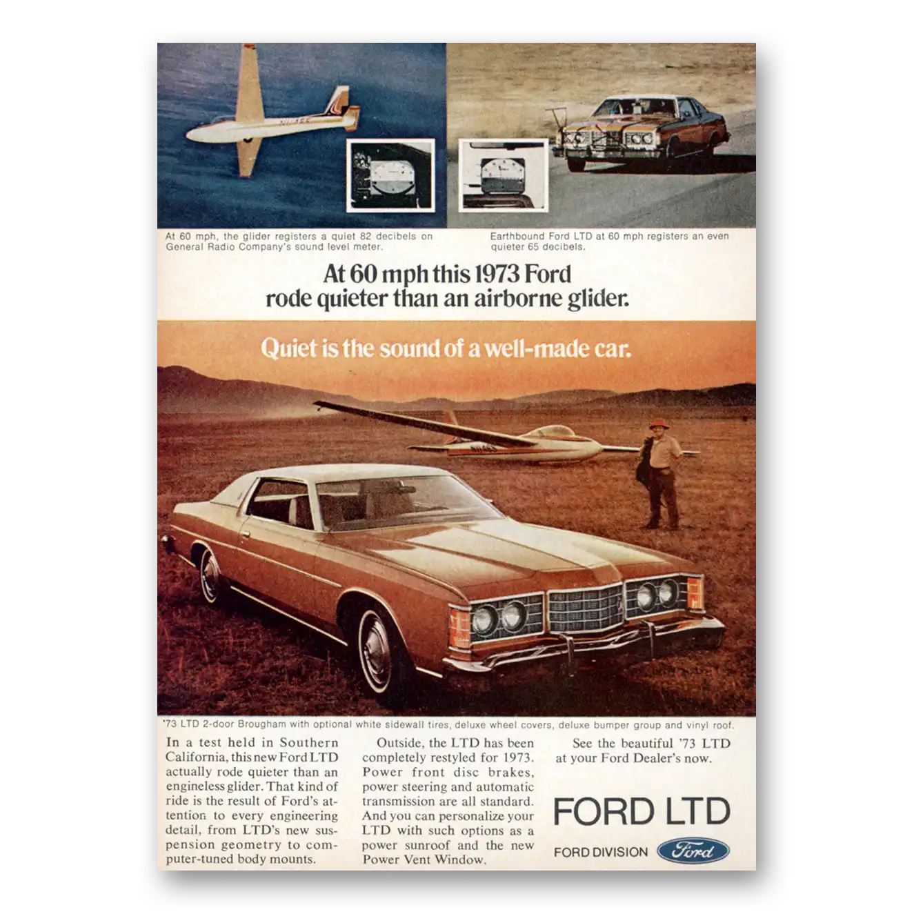 1973 Ford LTD Rode Quieter Than an Airborne Glider Vintage Magazine Print Ad