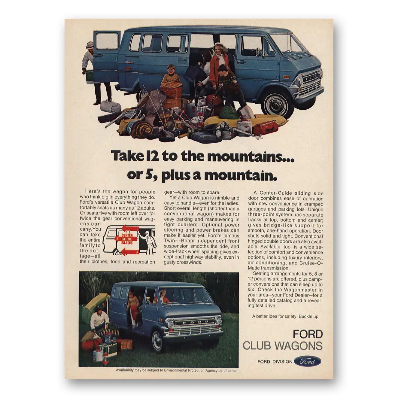 1973 Ford Club Wagon Take 12 To the Mountains Vintage Magazine Print Ad