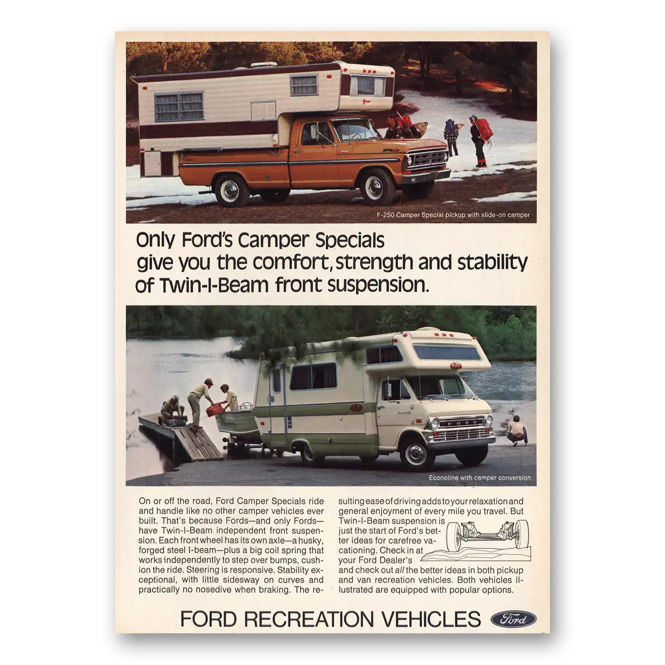 1973 Ford Camper Twin I Beam Front Suspension Vintage Magazine Print Ad