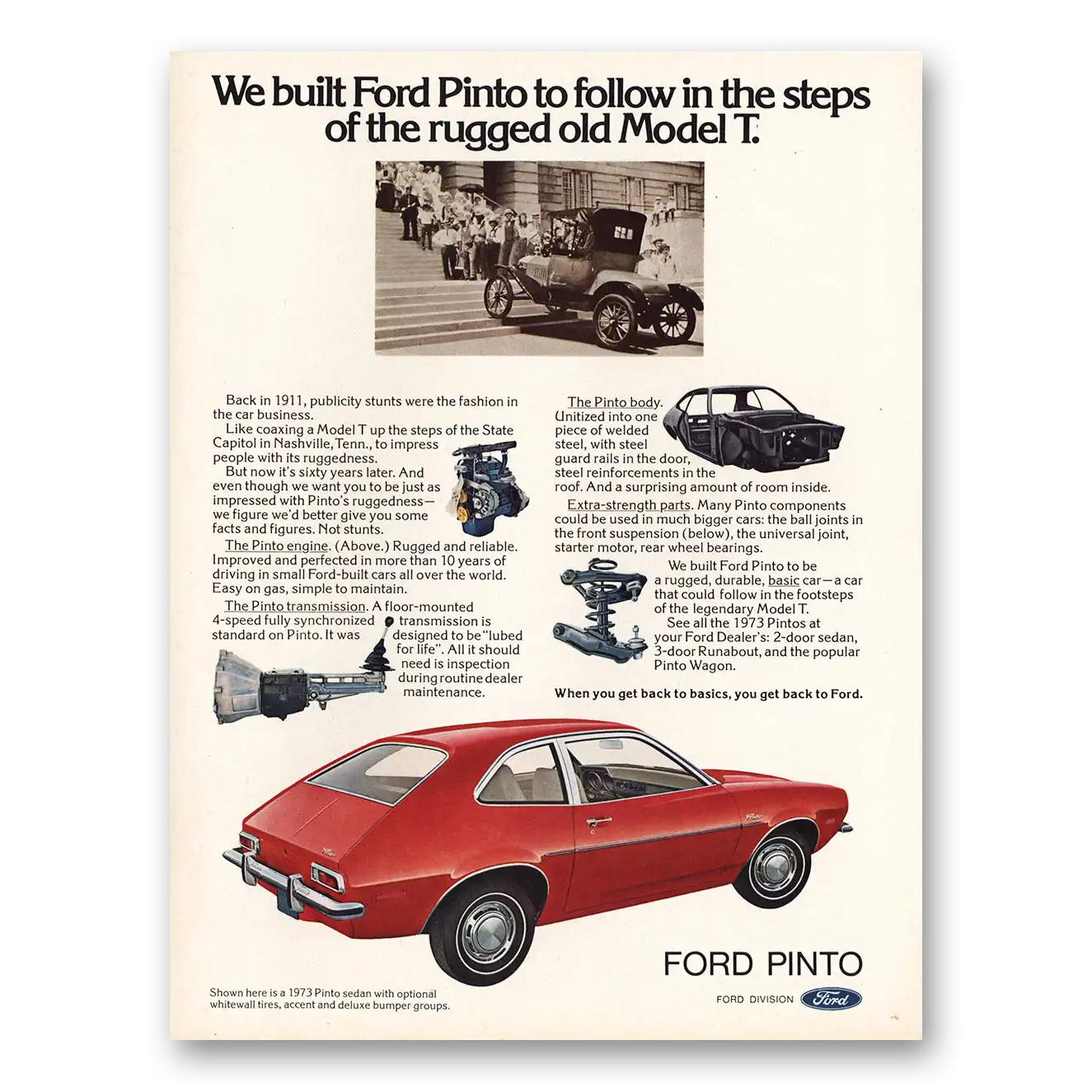 1973 Ford Pinto Follow in the Steps of the Rugged Old Model T Vintage Magazine Print Ad