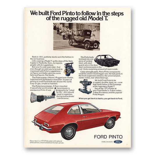 1973 Ford Pinto Follow in the Steps of the Rugged Old Model T Vintage Magazine Print Ad