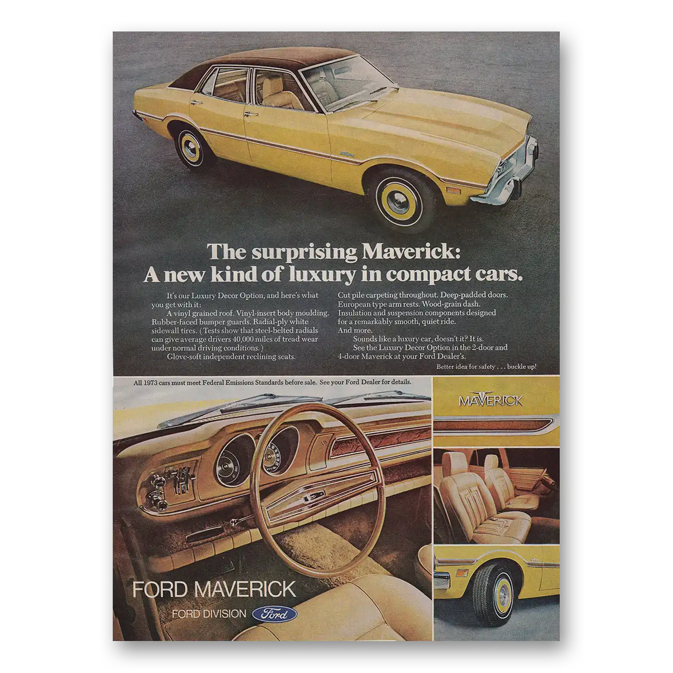 1973 Ford Maverick New Kind of Luxury in Compact Cars Vintage Magazine Print Ad