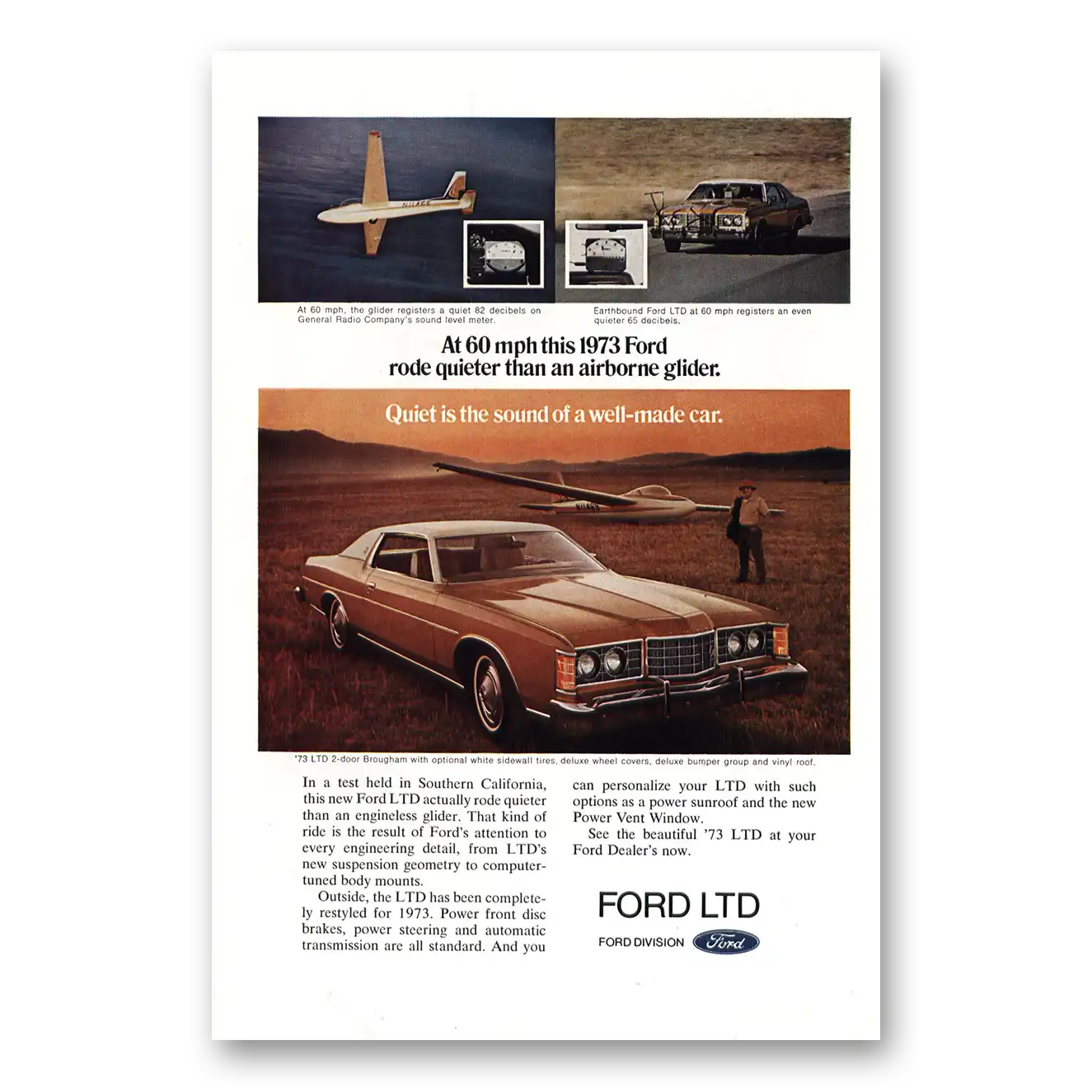 1973 Ford LTD Rode Quieter Than Airborne Glider Vintage Magazine Print Ad