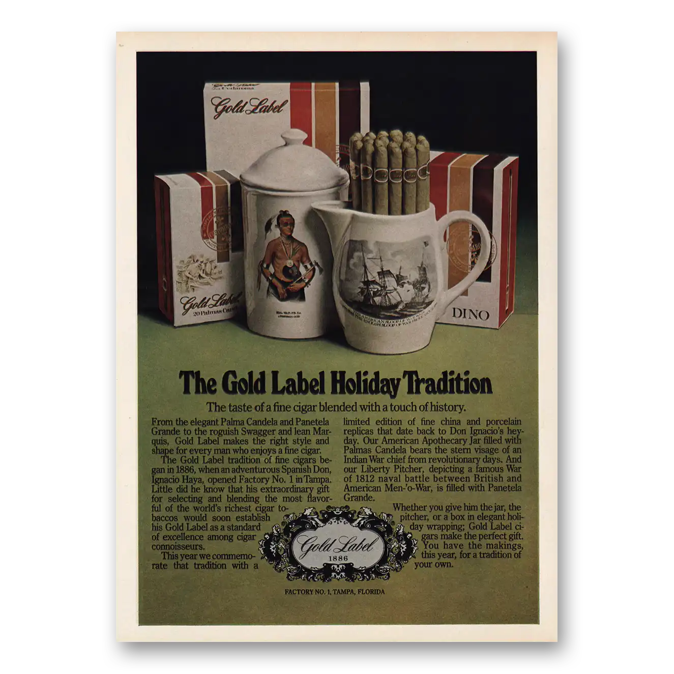 1973 Gold Label Cigars Holiday Tradition Touch of History Vintage Magazine Print Ad