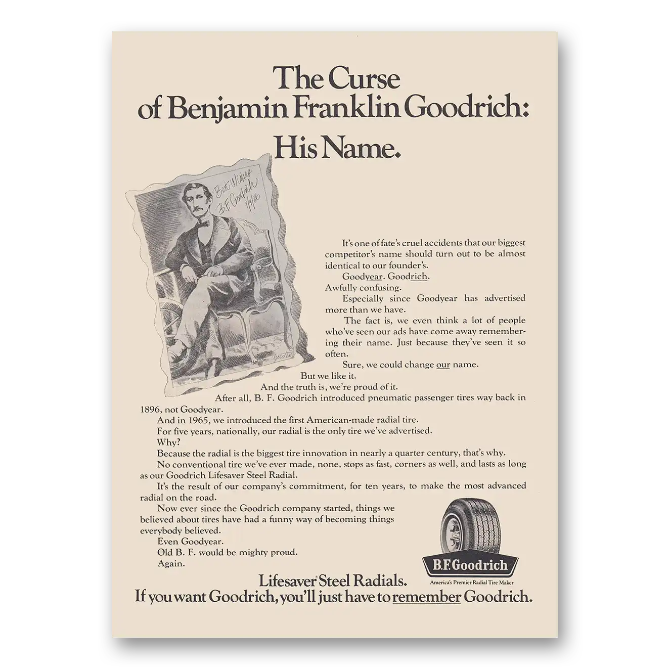 1973 Goodrich Tires Curse of Benjamin Franklin Goodrich Vintage Magazine Print Ad