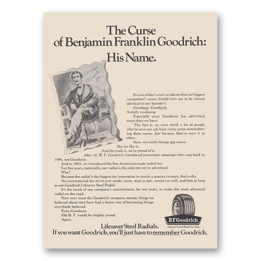 1973 Goodrich Tires Curse of Benjamin Franklin Goodrich Vintage Magazine Print Ad