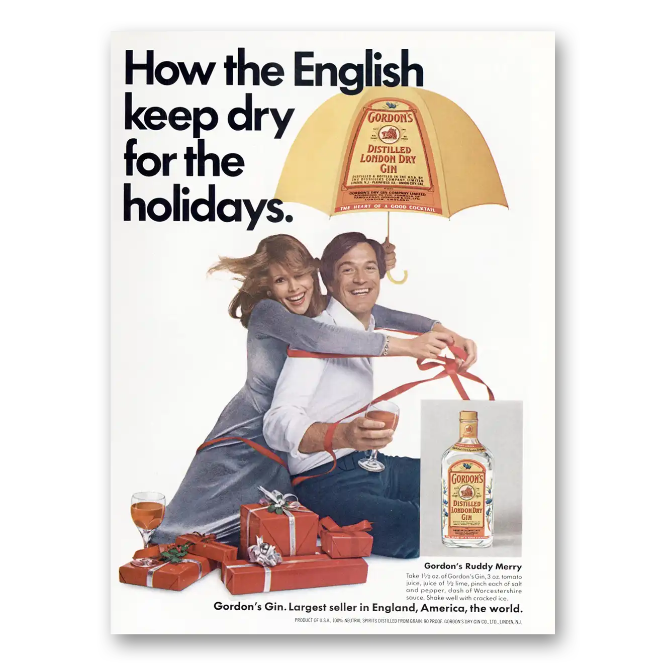 1973 Gordons Gin How the English Stay Dry for the Holidays Vintage Magazine Print Ad