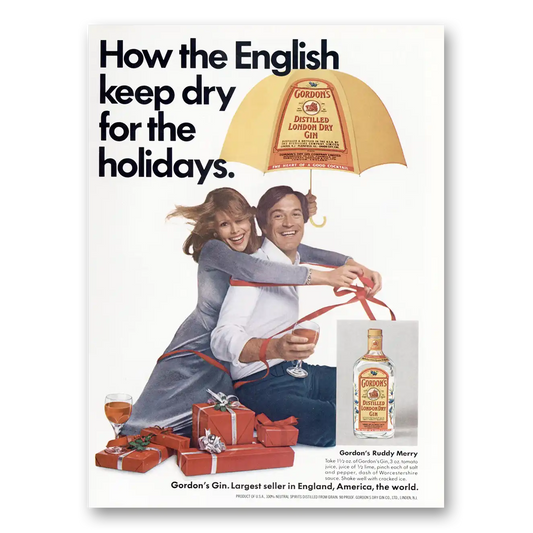 1973 Gordons Gin How the English Stay Dry for the Holidays Vintage Magazine Print Ad