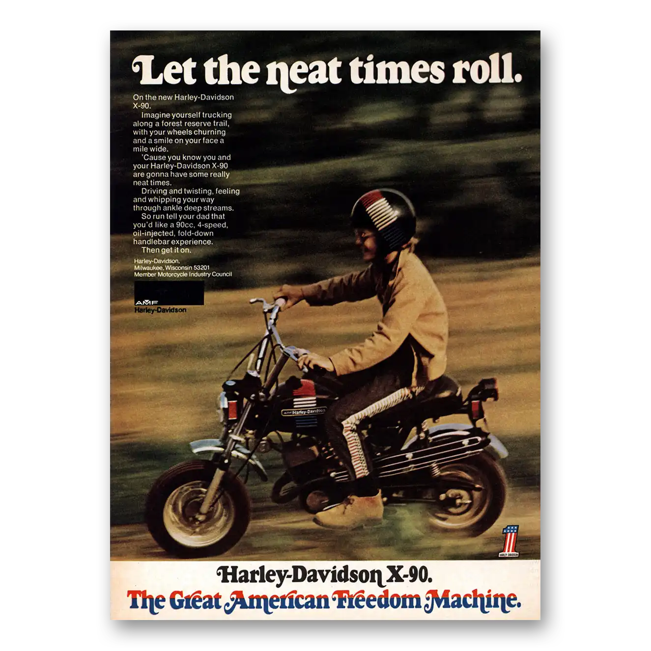 1973 Harley Davidson X90 Let the Neat Times Roll Vintage Magazine Print Ad