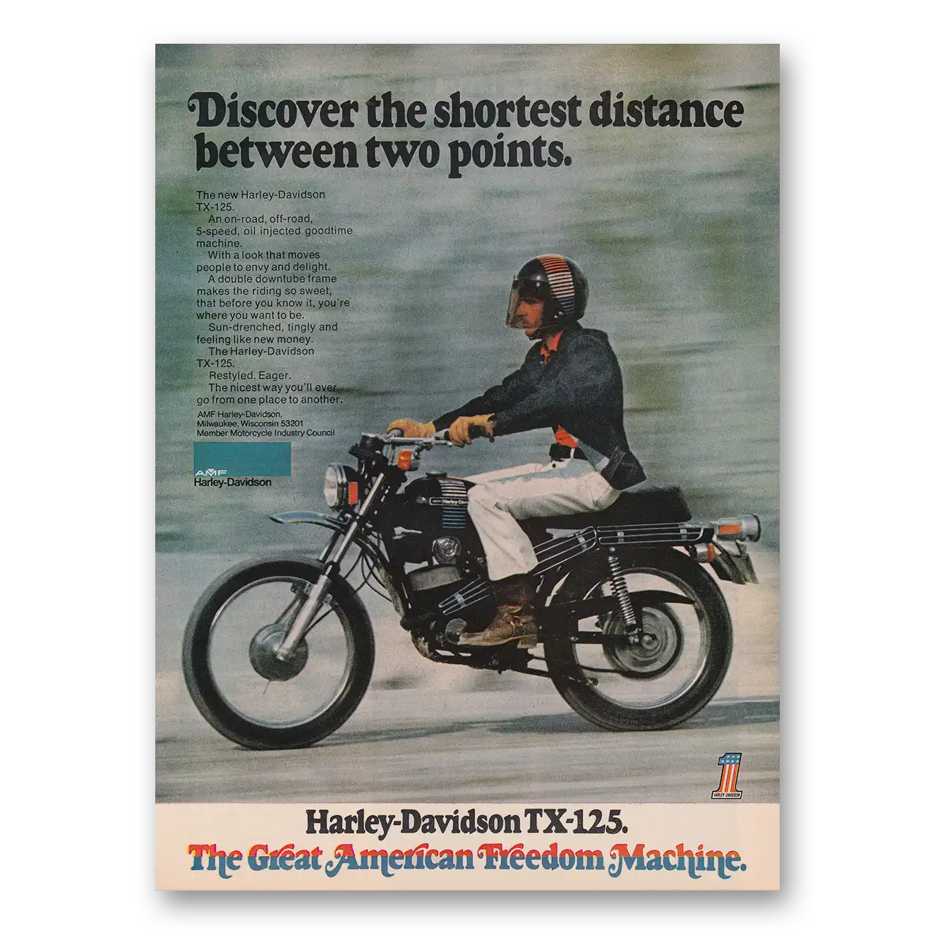 1973 Harley Davidson TX125 Shortest Distance Between Two Points Vintage Magazine Print Ad