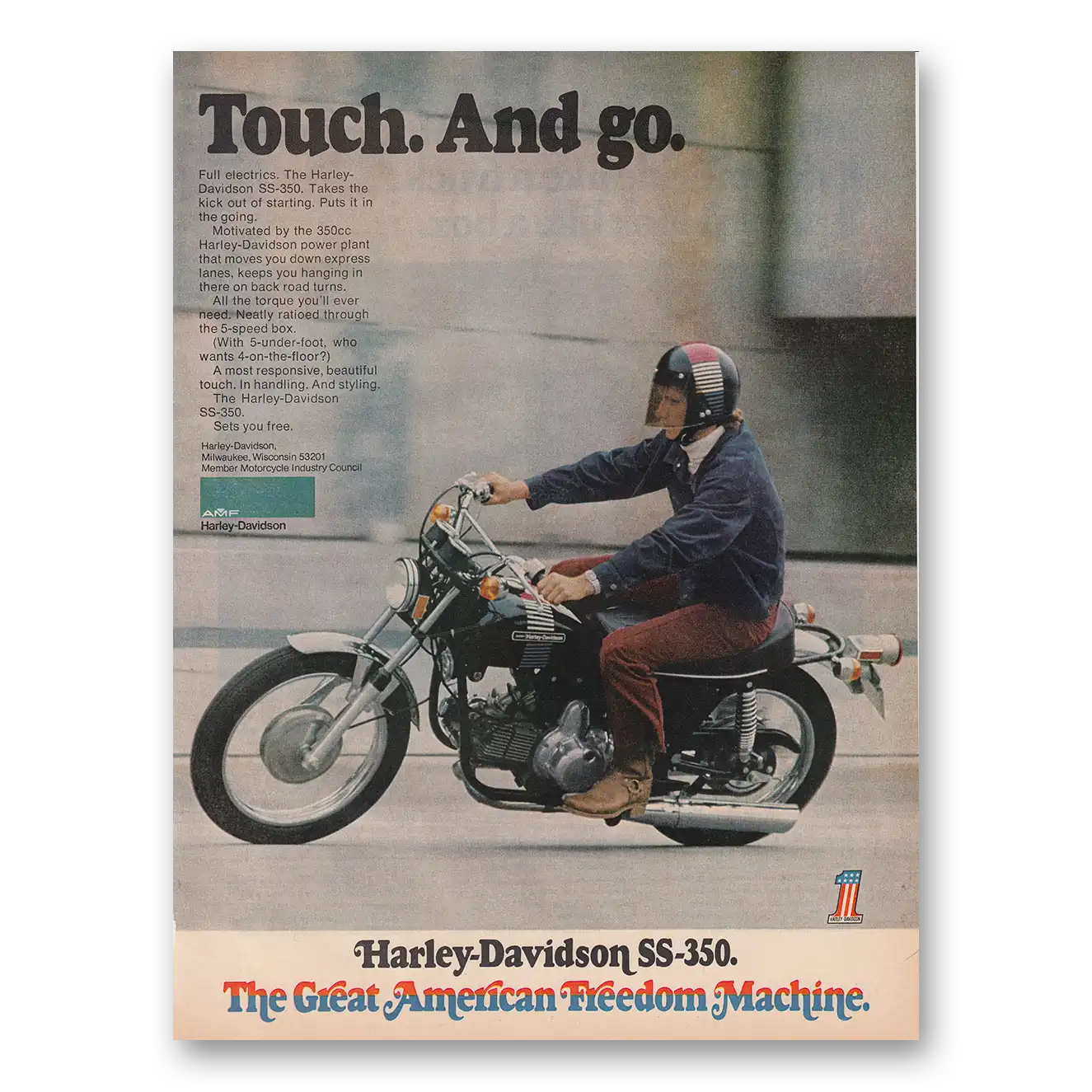 1973 Harley Davidson Touch And Go Vintage Magazine Print Ad