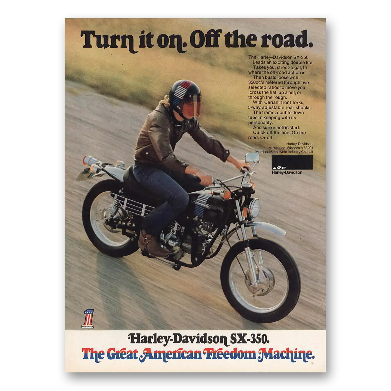 1973 Harley Davidson Turn In On Off the Road Vintage Magazine Print Ad