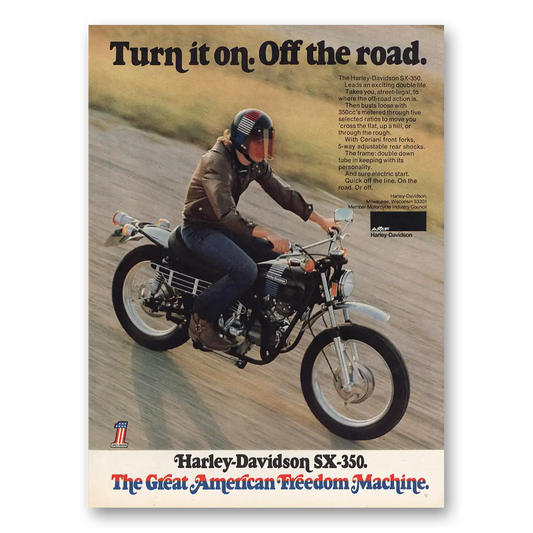 1973 Harley Davidson Turn In On Off the Road Vintage Magazine Print Ad