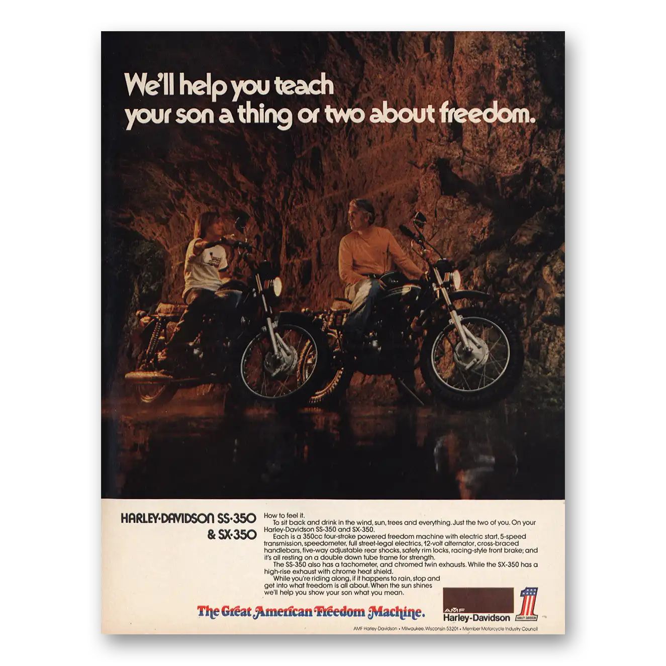 1973 Harley Davidson Help You Teach Your Son Vintage Magazine Print Ad