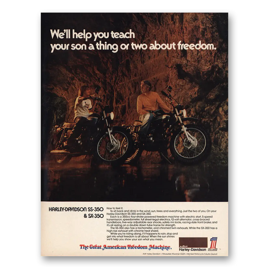 1973 Harley Davidson Help You Teach Your Son Vintage Magazine Print Ad