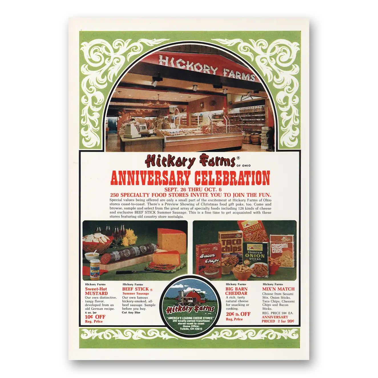 1973 Hickory Farms Anniversary Celebration Vintage Magazine Print Ad