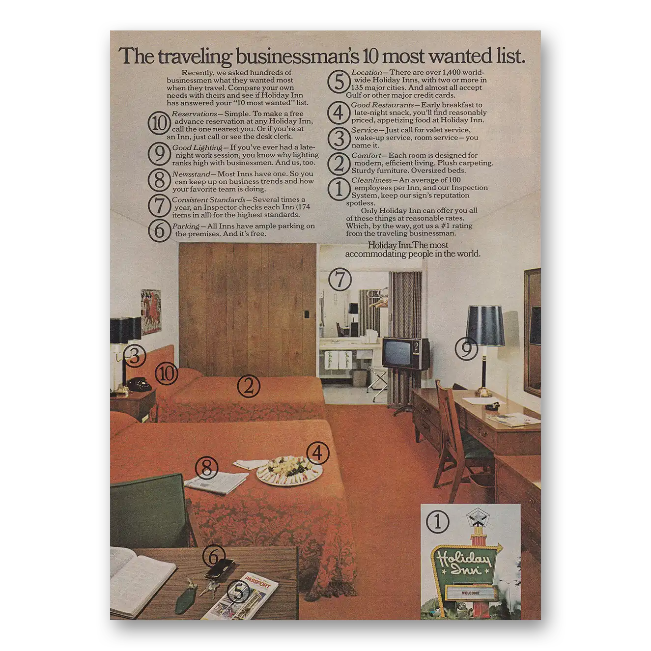 1973 Holiday Inn Traveling Businessmans 10 Most Wanted List Vintage Magazine Print Ad