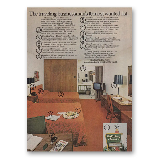 1973 Holiday Inn Traveling Businessmans 10 Most Wanted List Vintage Magazine Print Ad